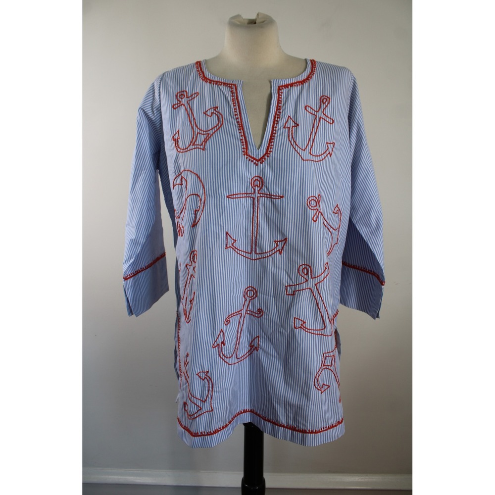 Gretchen Scott M Blue Striped Tunic Red Anchor Embroidered Nautical Top